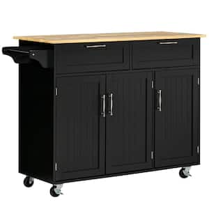Black Wood Top 43.75 in. Kitchen Island with Adjustable Shelves and Towel Rack
