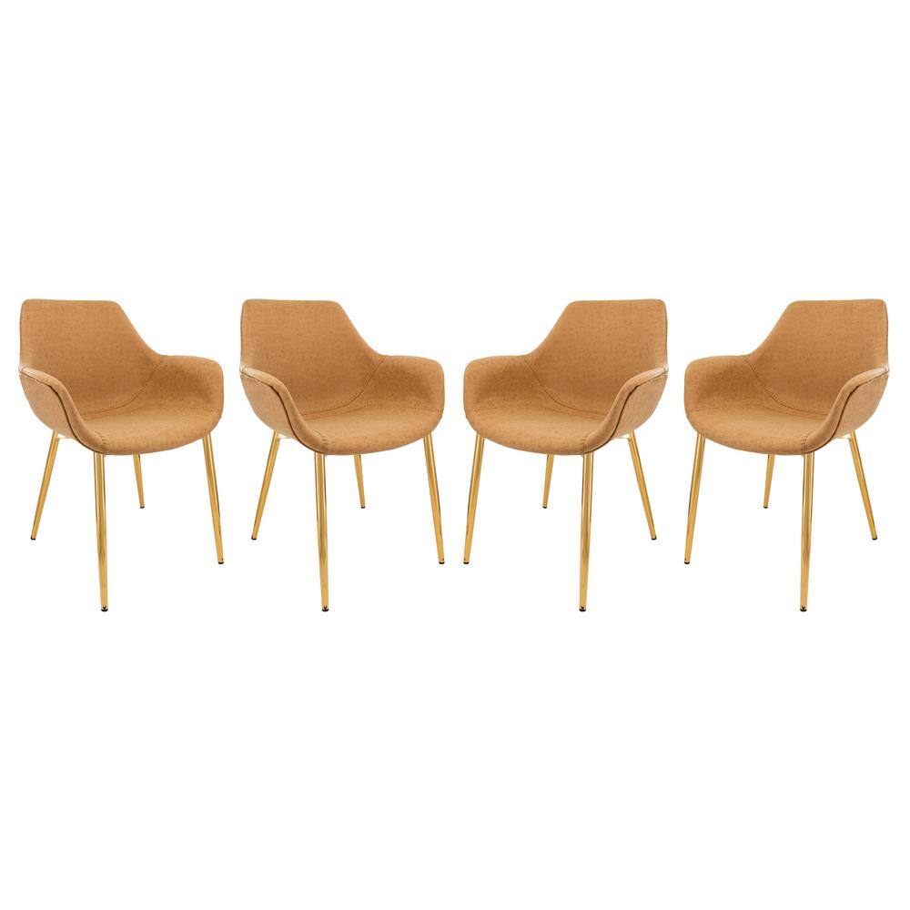 Light Brown High Metal Arm Chair with Faux Leather Upholstery