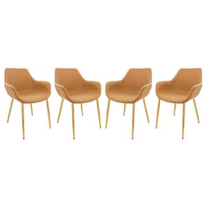 Markley Modern Leather Dining Arm Chair With Gold Metal Legs Set of 4 in Light Brown