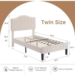 Upholstered Bed Frame with Sheepskin Fabric Adjustable Headboard Twin Size Platform Bed, Beige