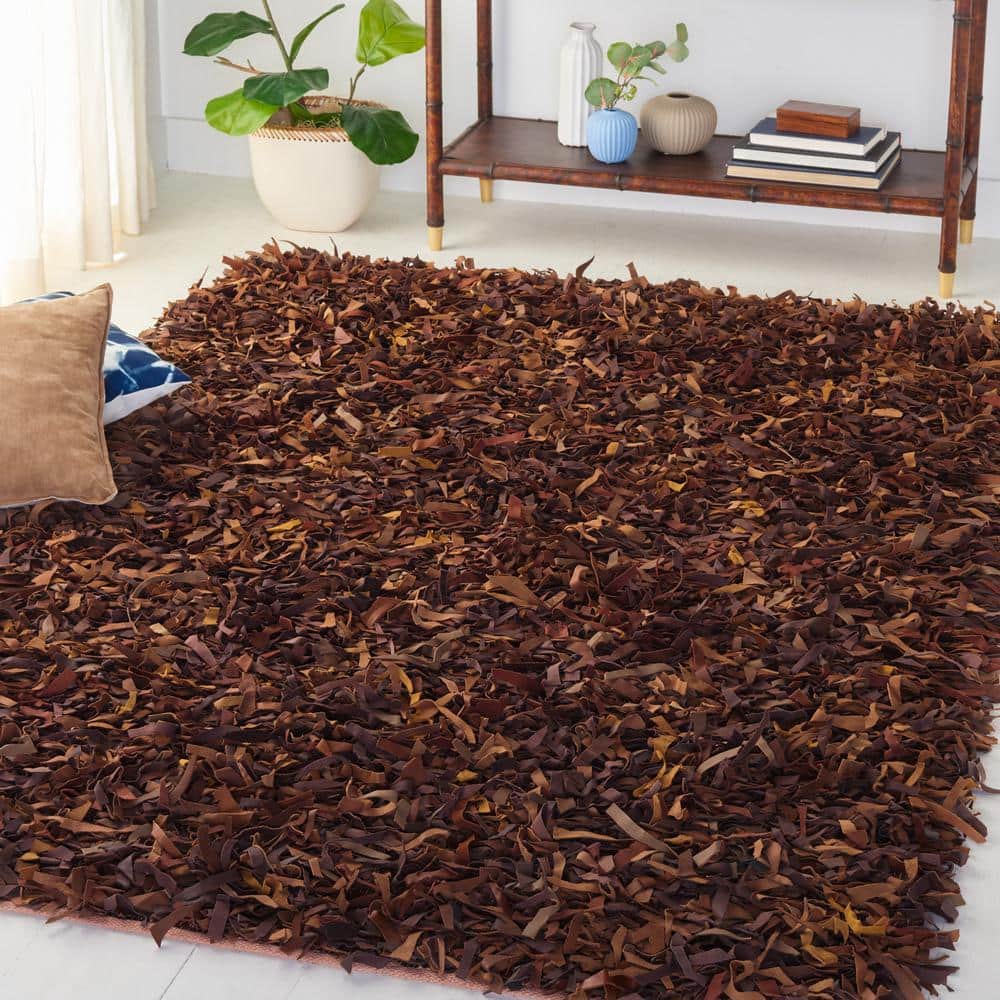 Saddle Brown Genuine Leather Shag Area Rug 3' x 5'