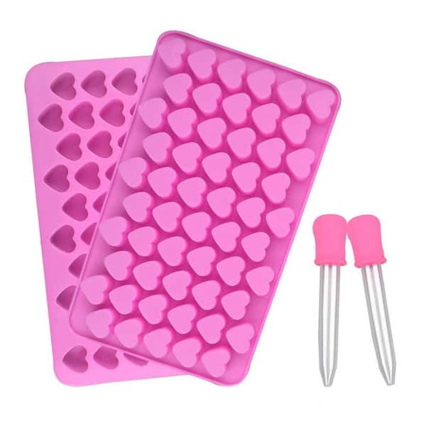 Mini Heart Silicone Mold 2 Pack Pink Food Grade Nonstick Candy Chocolate Gummy Soap Jelly Ice Cube Tray with Droppers