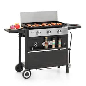 3-Burner Propane Flat Top Grill Griddle in Black with Ceramic Plate and Detachable Cart