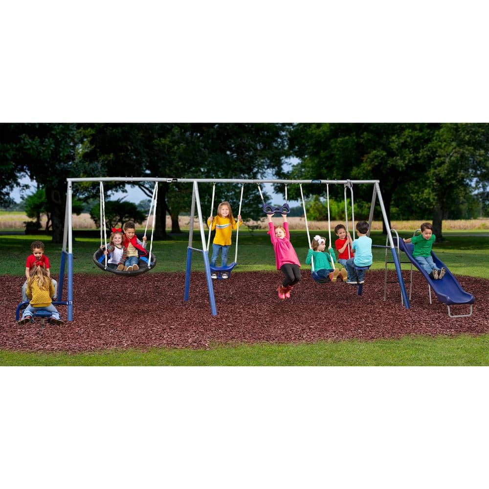 XDP Recreation Fun All Mighty Blue and Silver Metal Swing Set with Slide and Multiple Swings