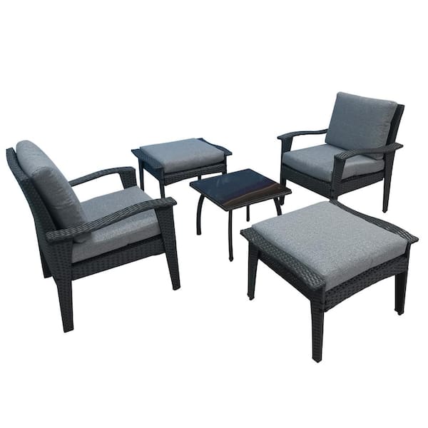 Zeus & Ruta 5-Piece Wicker Patio Conversation Set with Gray Cushions, Ottomans and Table for Garden Balcony Poolside
