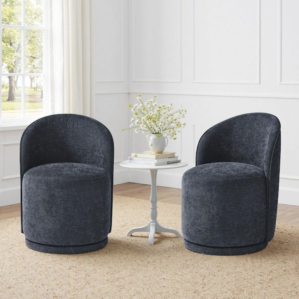 Navy Blue Linen Polyester Swivel Dining Side Chair (Set of 2)