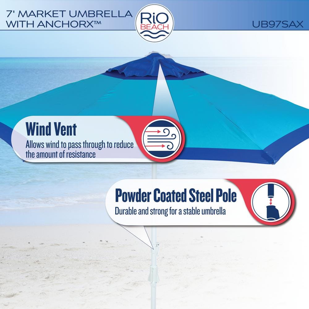 Rio Beach 7 ft. Blue and Turquoise Market Umbrella with Anchor