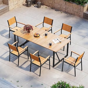 82.7 in Aluminum Rectangular Frame Patio Outdoor Dining Table with Wooden-Like Top and Umbrella Hole in Brown