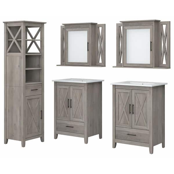 Bush Furniture Key West 24.21 in. W x 18.31 in. D x 34.06 in. H Double Sink Bath Vanity in Driftwood Gray with White Top and Mirror