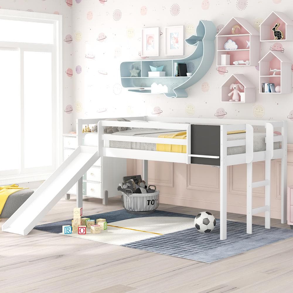 Qualler White Twin Size Loft Bed Wood Bed with Slide and Chalkboard ...