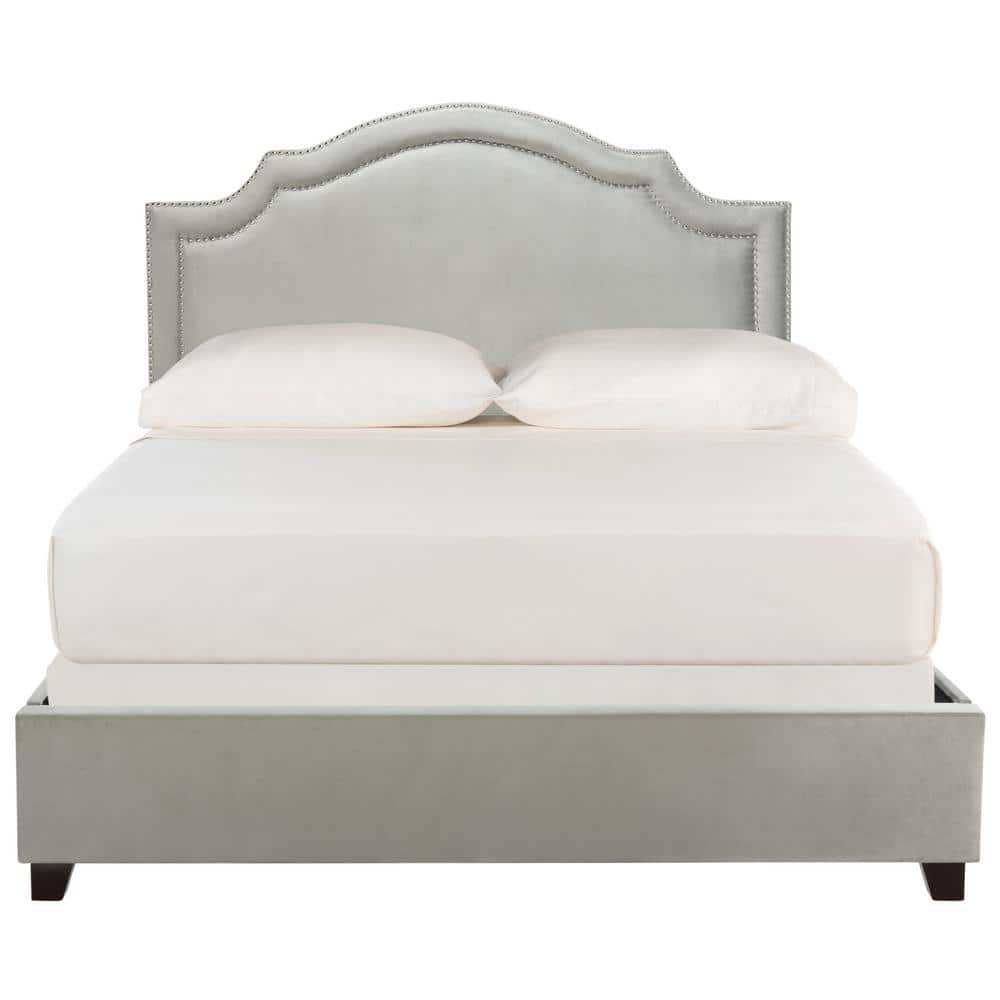Elegant Pewter Linen Full Platform Bed with Nailhead Trim