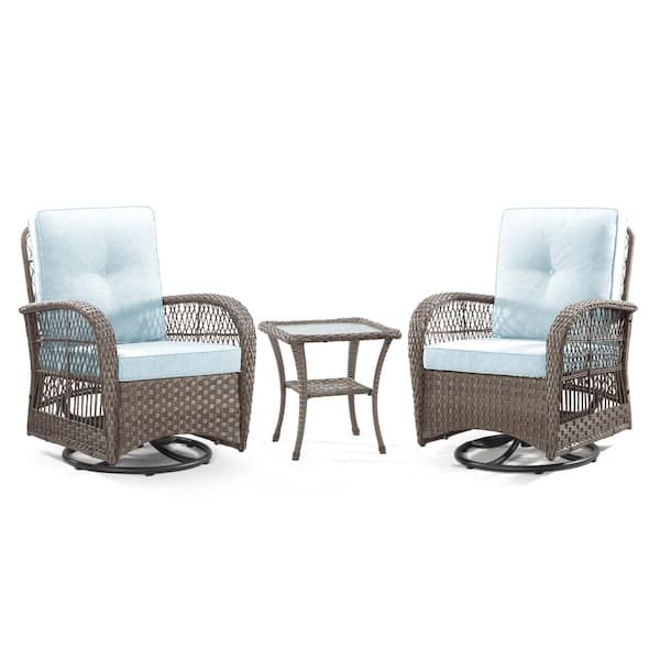 Unbranded 3-Piece Patio Wicker Outdoor Rocking Chair Set, Outdoor Swivel Patio Chair with Side Coffee Table and Aqua Blue Cushion