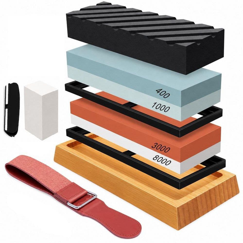 400/1000 and 3000/8000-Grit White Corundum Whetstone with Non-slip Base, Leather Strop, Flattening Stone, Angle Guide