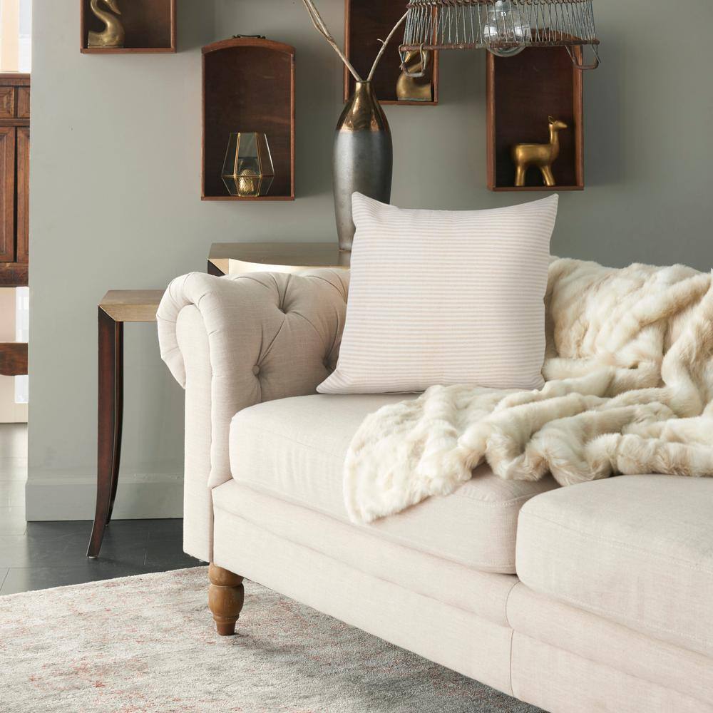 Beige and White Striped Cotton Square Throw Pillow