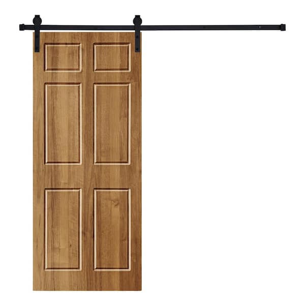 AIOPOP HOME Modern 6-Panel Designed 96 in. x 32 in. Real Wood Panel Briar Smoke Painted Sliding Barn Door with Hardware Kit