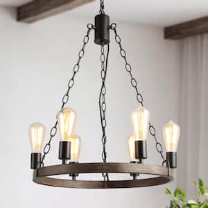 Sombre 6-Light Black Modern Farmhouse Wagon Wheel Chandelier with Brushed Brown Faux Wood Accent for Kitchen Island