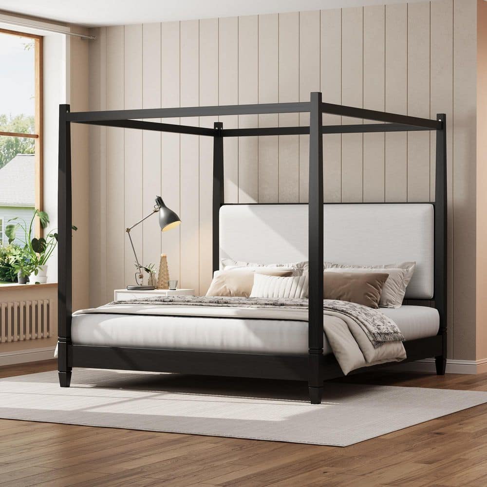 Black Wood Frame King Size Canopy Bed Platform Bed with Linen Upholstery Headboard price history on PriceWatchPro