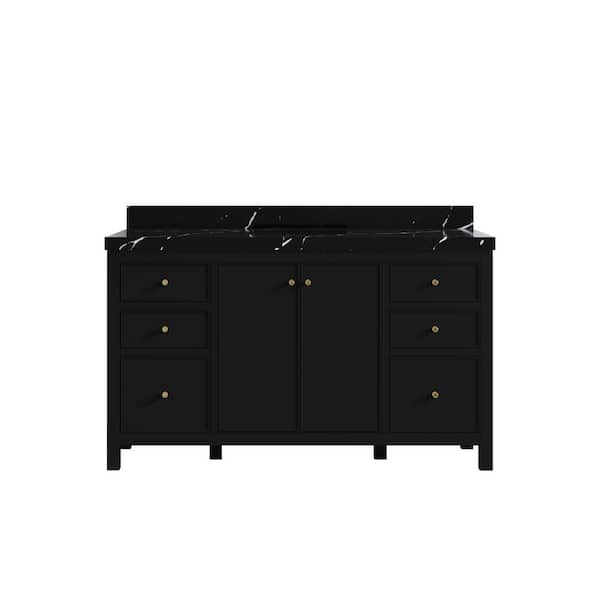 Willow Collections Chicago 60 in. W x 22 in. D x 36 in. H Single Sink Bath Vanity in Black with 2 in. Calacatta Black Quartz Top