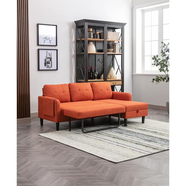 53.5'' Full Sleeper Sofa Orange Upholstered Convertible Sofa Bed with  Storage