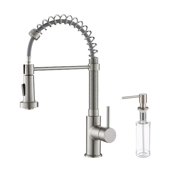 Casa Single Handle Pull Down Kitchen Sink 17in. Faucet with Soap Dispenser in Brushed Nickel