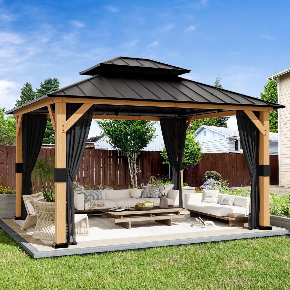 13 ft. x 11 ft. Wood Hardtop Patio Gazebo with Spruce Wood Frame, Double Galvanized Steel Roof and Netting price history on PriceWatchPro