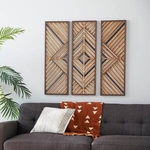 Wood Brown Slatted Wood Design Geometric Wall Decor (Set of 3)