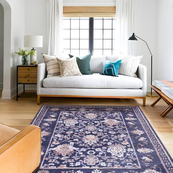 Navy 8 ft. x 10 ft. Stain Free Floral Machine Washable Indoor Area Rug
