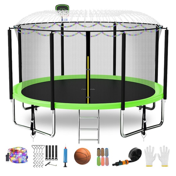 fiziti 14 ft. Round Backyard Trampoline with Basketball Hoop, Safety Enclosure, Sprinkler, Lights, Socks and Wind Stakes