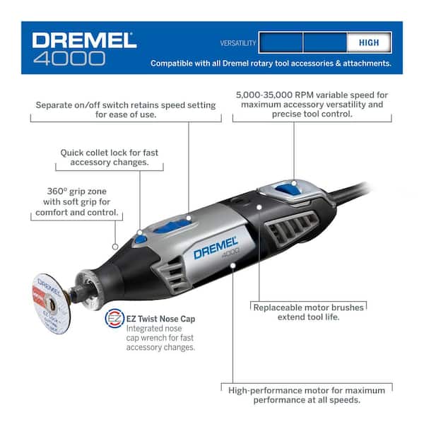 os selv perforere Udråbstegn Dremel 4000 Series 1.6 Amp Variable Speed Corded Rotary Tool Kit w/Rotary  Keyless Multi-Chuck for 1/32" to 1/8" Accessory Shank 4000-4/34+4486 - The  Home Depot