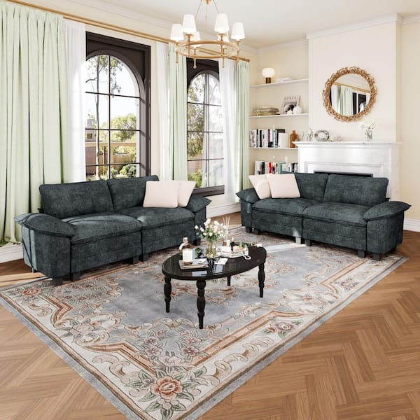 87.5 in. Flared Arm 4-Seat Chenille Modular Sectional Sofa in Cerulean-Dark-Cyan with Throw Pillows for Living Room