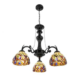 23.62 in. 3-Light Black Retro Chandelier with Colorful Glass Shade and Adjustable Height, No Bulbs Included