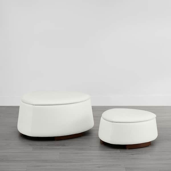 SPRUCE & SPRING Leocadia White Leather Rounded Pebble Tray Top Ottoman Set with Wood Frame for Living Room and Bed Room