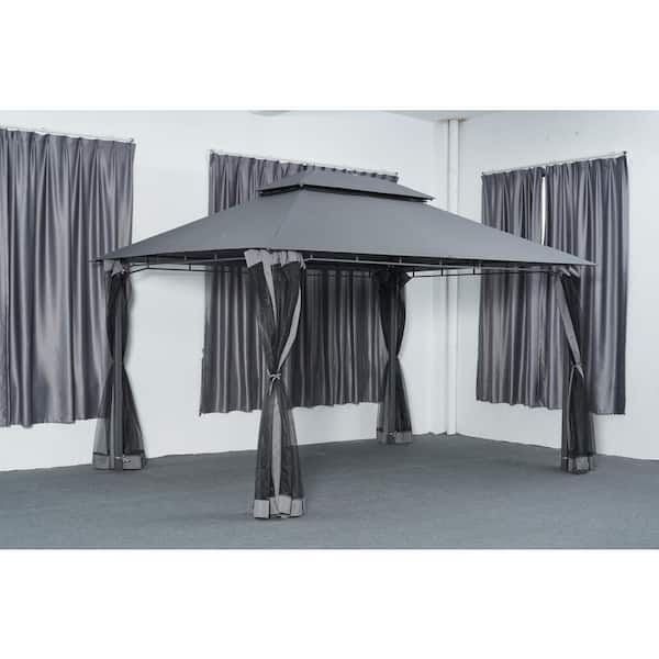 Gray 10 ft. x 13 ft. Outdoor Gazebo, Canopy Tent with Rope Fixing, Hooks and Netting