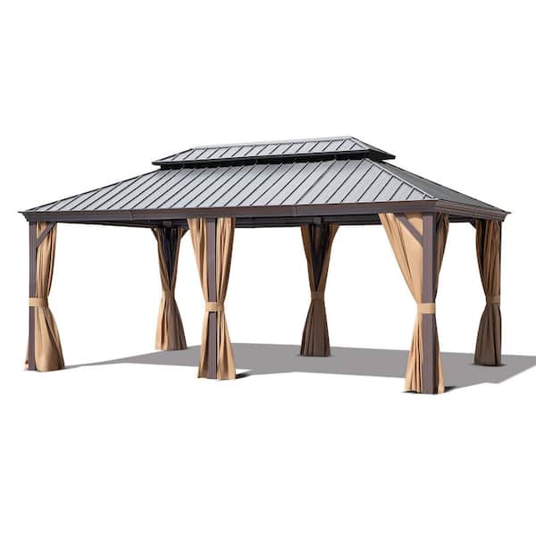 12 ft. x 18 ft. Aluminum Outdoor Double Galvanized Steel Roof Gazebo with Ceiling Hook, Mosquito Netting and Curtains