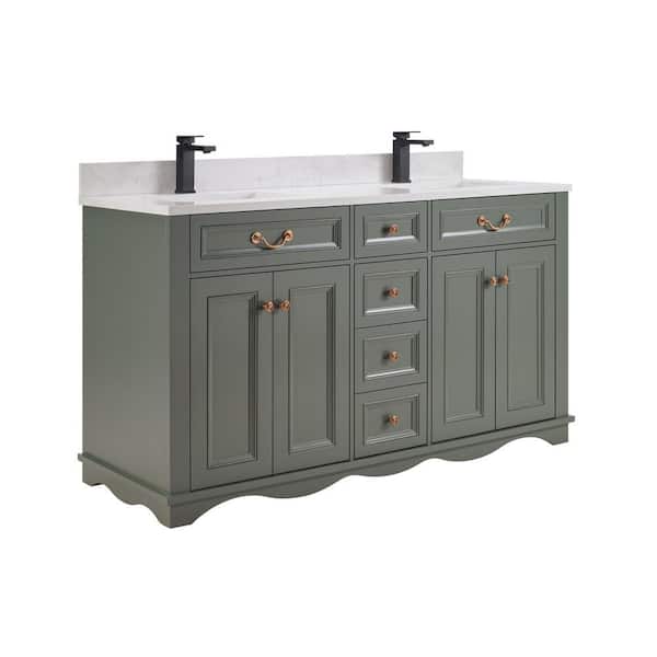 French Contemporary 60 in. Freestanding Pewter Green Bath Vanity with White Artificial Stone Top Assembled Bath Vanity