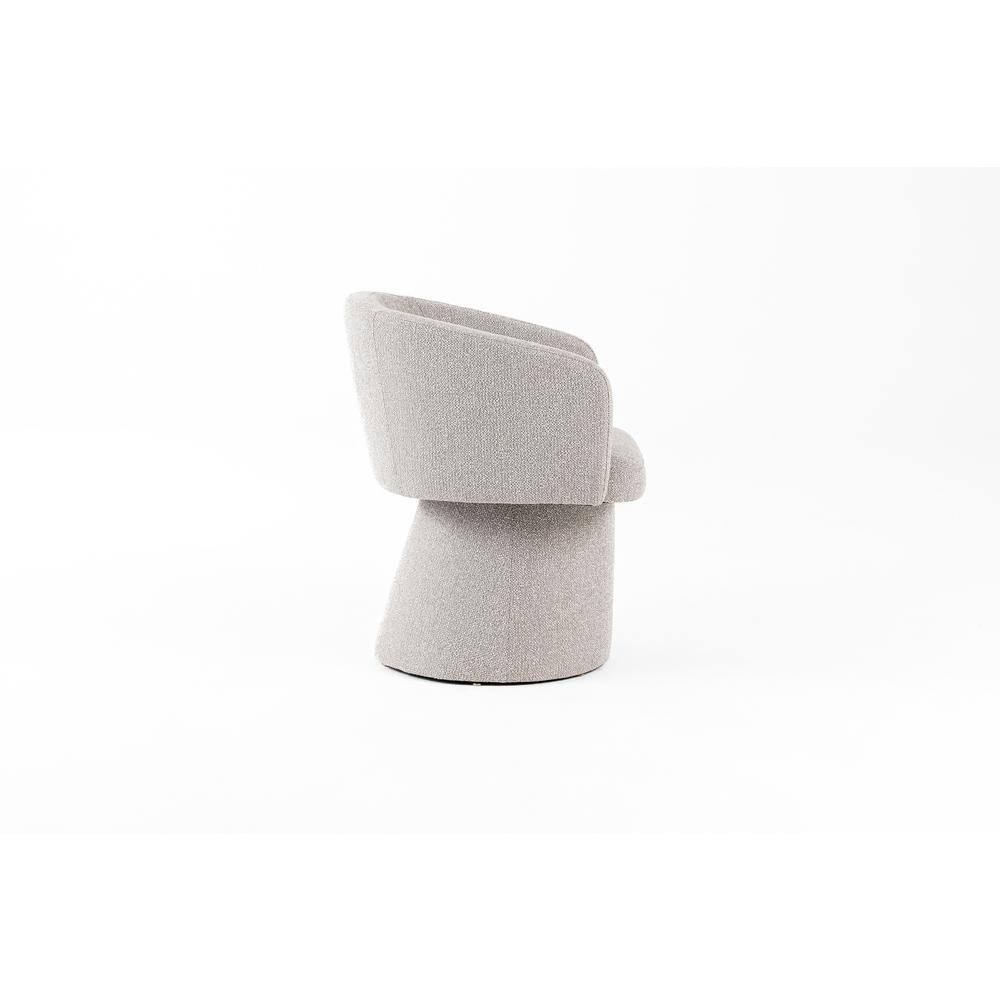 Side view of a light grey fabric dining chair with a pedestal base.