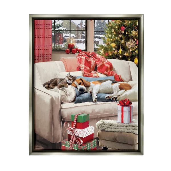 Stupell Industries Pets on Holiday Couch by Jason Kirk 1 Piece Floater Frame Graphic Print Animal Poster Art Print 21 in. x 17 in.