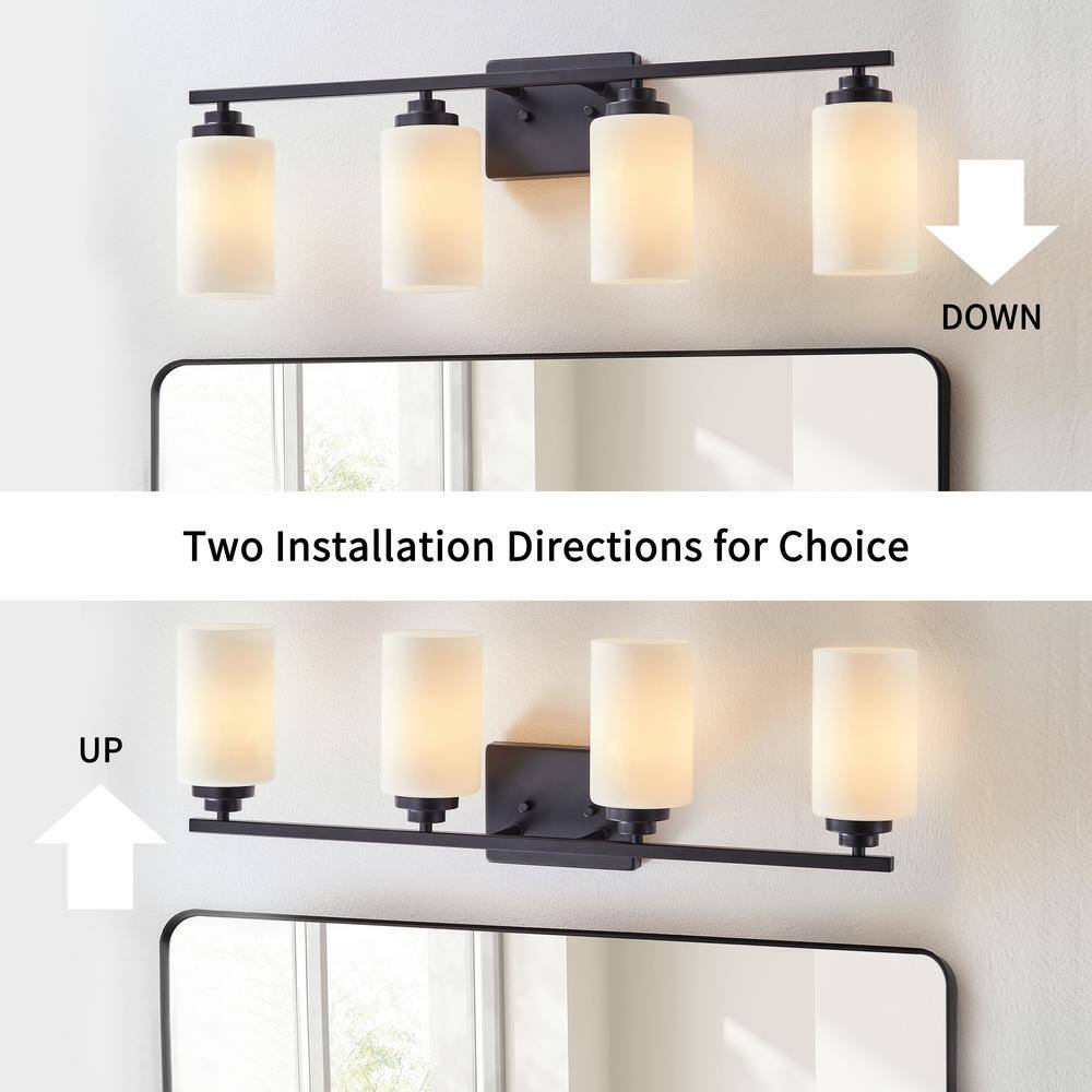 30 in. Black Steel 4-Light Dimmable Vanity Light with Frosted Glass Shades