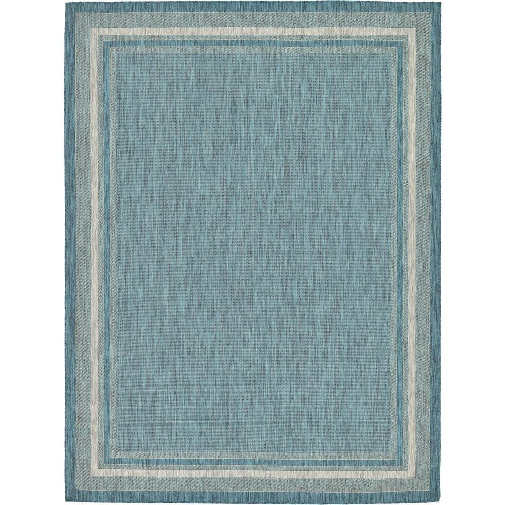 Teal and Beige Synthetic Flat Woven 9' x 12' Outdoor Rug