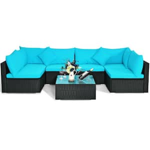 7-Piece Wicker Outdoor Patio Conversation Set Sectional Sofa Set with Turquoise Cushions and Tempered Glass Top Table
