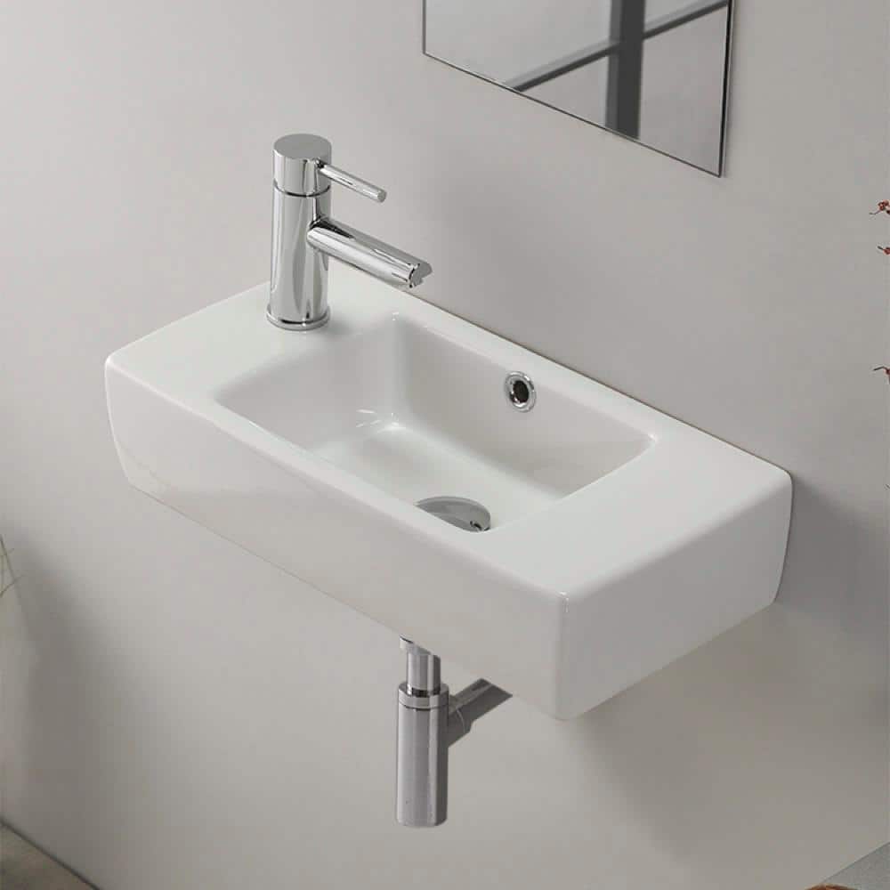 White Rectangular Ceramic Wall Mounted Bathroom Sink with Overflow