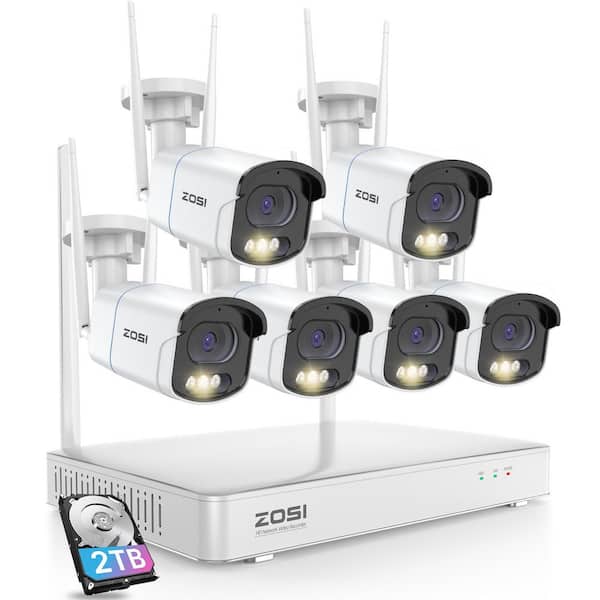 ZOSI 4MP 2.5K 8-Channel 2TB NVR Wireless Security Camera System with 6 Outdoor Wi-Fi IP Spotlight Bullet Cameras, 2-Way Audio