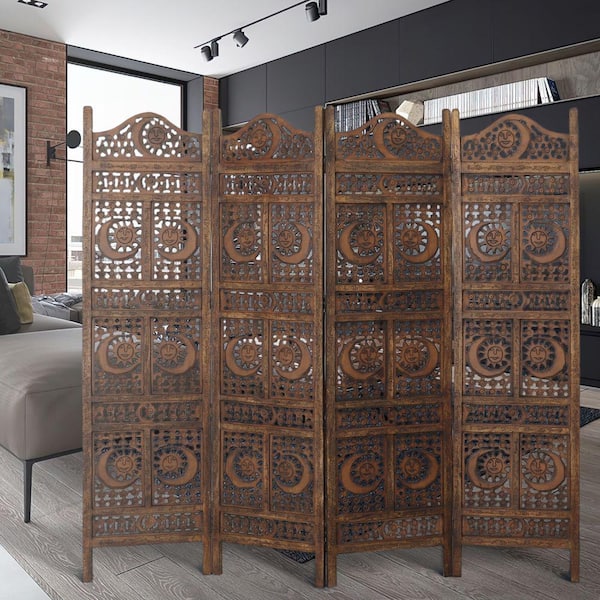 71 in. Brown Sun and Moon Design Foldable 4-Panel Wooden Room Divider