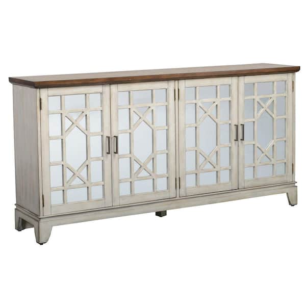 Benjara White and Brown Wood Top 72 in. Sideboard with 4 Doors and Mirror Inserts