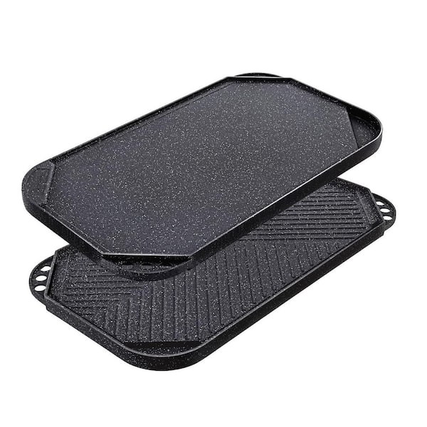 Gray Cast Aluminum Nonstick Reversible Grill Griddle Pan with Stone Coating and Grease Trap for Kitchen Use