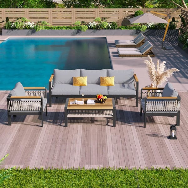 4-Piece Metal and Wood Outdoor Sectional Sofa Patio Conversation Set with Grey Cushions and a Coffee Table for Garden