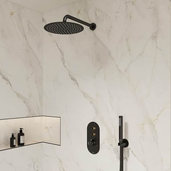 Angelsey 2-Spray 12" Wall Mount Dual Shower Head Handheld Shower Head 1.8 GPM in Matte Black Brushed Gold Valve Included