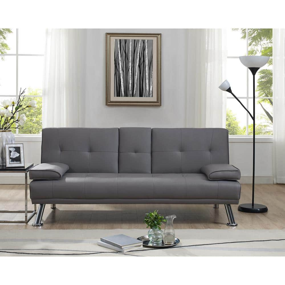 MAYKOOSH Gray, Futon Sofa Bed Faux Leather Futon Couch With Armrest And ...