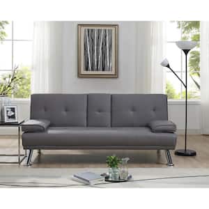 Gray, Futon Sofa Bed Faux Leather Futon Couch with Armrest and 2-Cupholders, Sofa Bed Couch Convertible with Metal Legs
