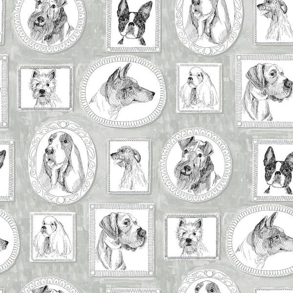 SURFACE STYLE Pup Portraits Silver Vinyl Peel and Stick Wallpaper Roll ( Covers 30.75 sq. ft. )